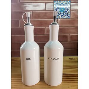 White Farmhouse Oil and Vinegar Cruets Set Ceramic Charcuterie Salad Kitchen